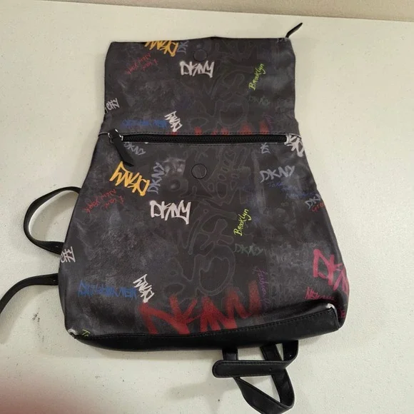 DKNY Graffiti Print Backpack Black Faux Leather NYC Streetwear Foldover Bag - Picture 5 of 10